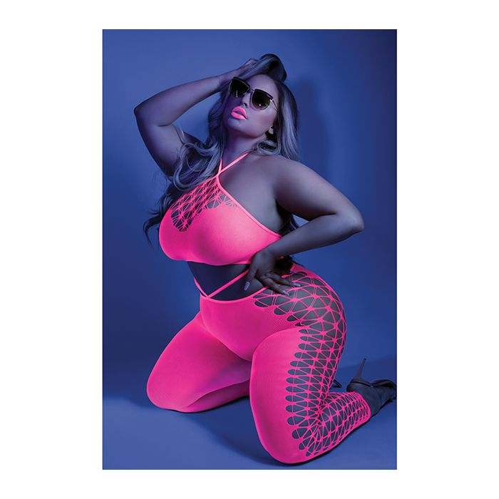 Glow Black Light Cropped Cutout Halter Bodystocking Neon Pink