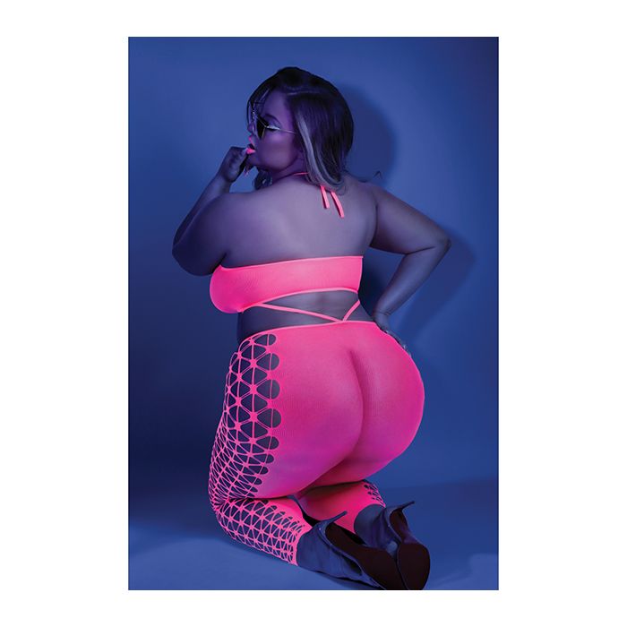 Glow Black Light Cropped Cutout Halter Bodystocking Neon Pink