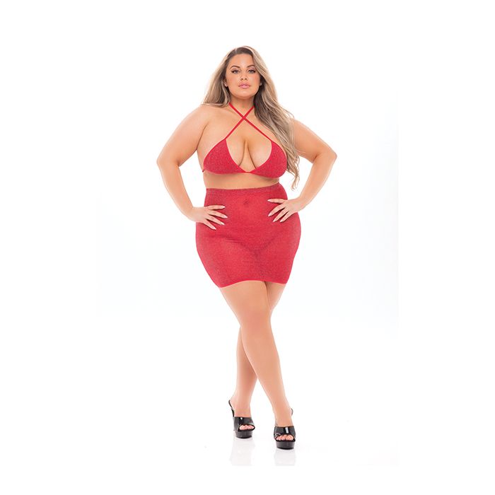 Pink Lipstick Black Cherry Strap Halter Bra & Skirt Red