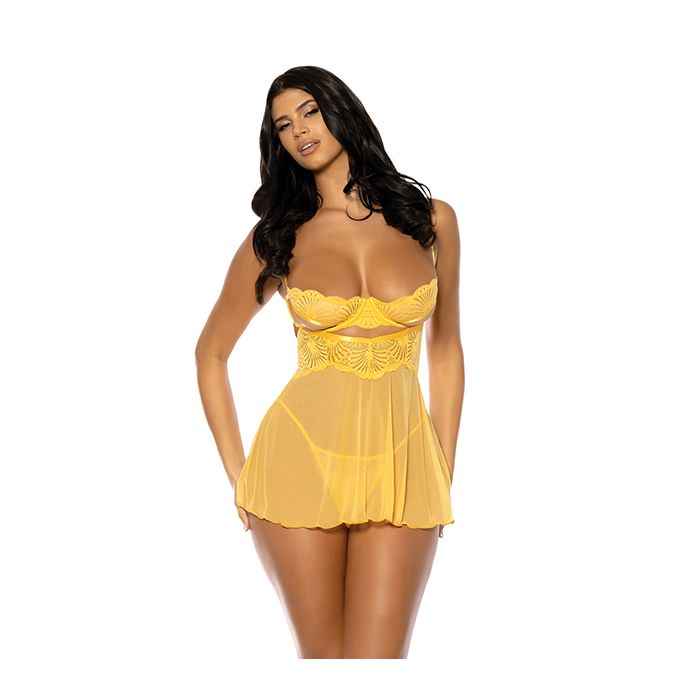Hazel Peek-A-Boo Cup Babydoll w/G-String Panty - Yellow L/XL