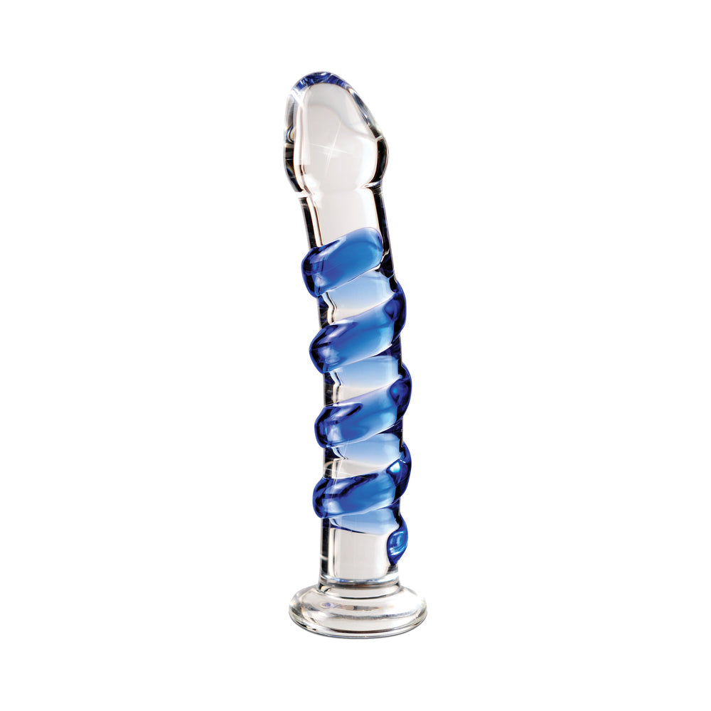 Consolador de vidrio curvo acanalado Pipedream Icicles n.° 5 de 18 cm, azul/transparente