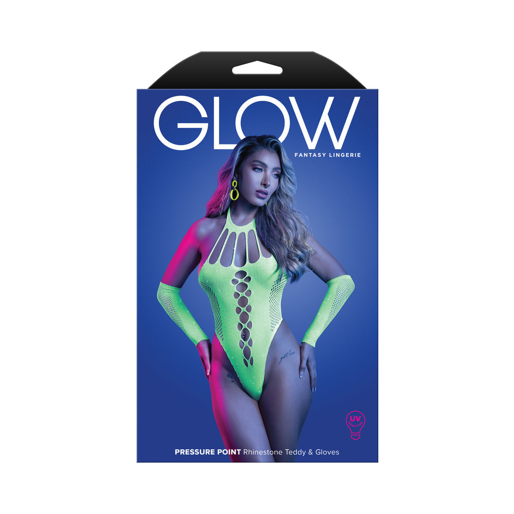 Lencería de fantasía Glow Spotlight Teddy de encaje elástico en contraste con cierre a presión verde neón L/XL