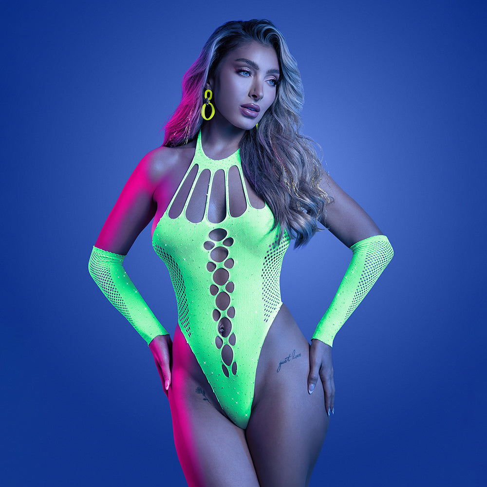 Lencería de fantasía Glow Spotlight Teddy de encaje elástico en contraste con cierre a presión verde neón L/XL