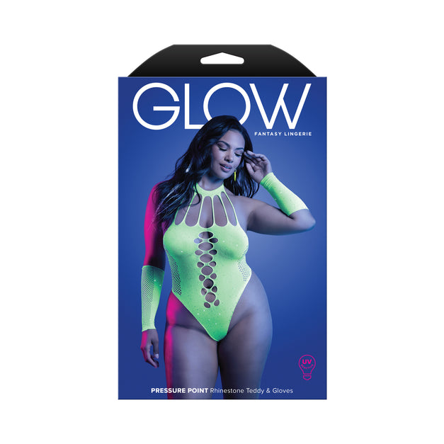 Lencería de fantasía Glow Spotlight Teddy de encaje elástico en contraste con cierre a presión verde neón L/XL