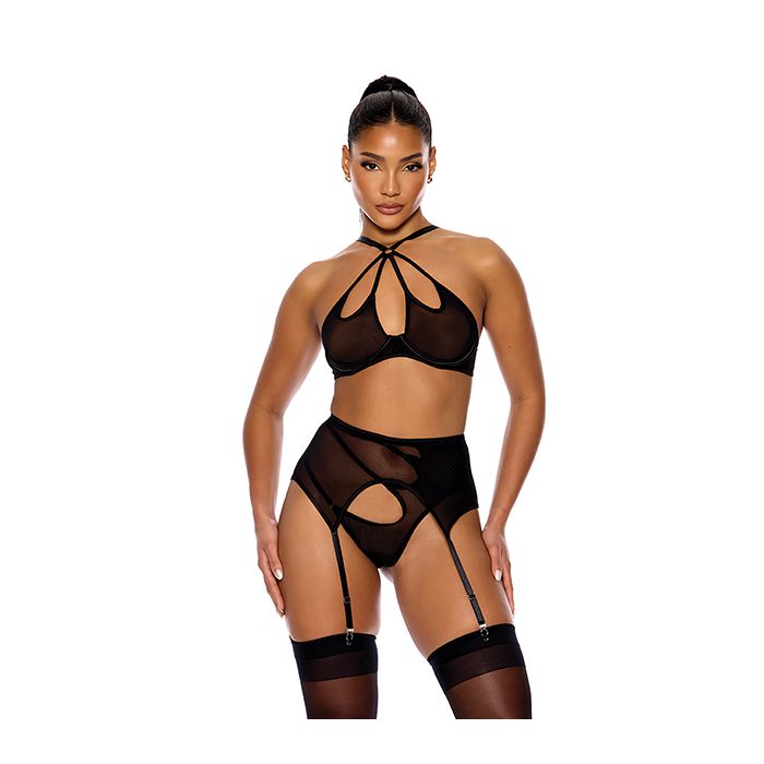 Feeling Butterflies Mesh Halterneck Bra w/Garter & Panty - Black SM