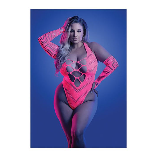 Glow Flashback Black Light Reactive Rhinestone Teddy w/Gloves (or Leg Warmers) - Neon Pink