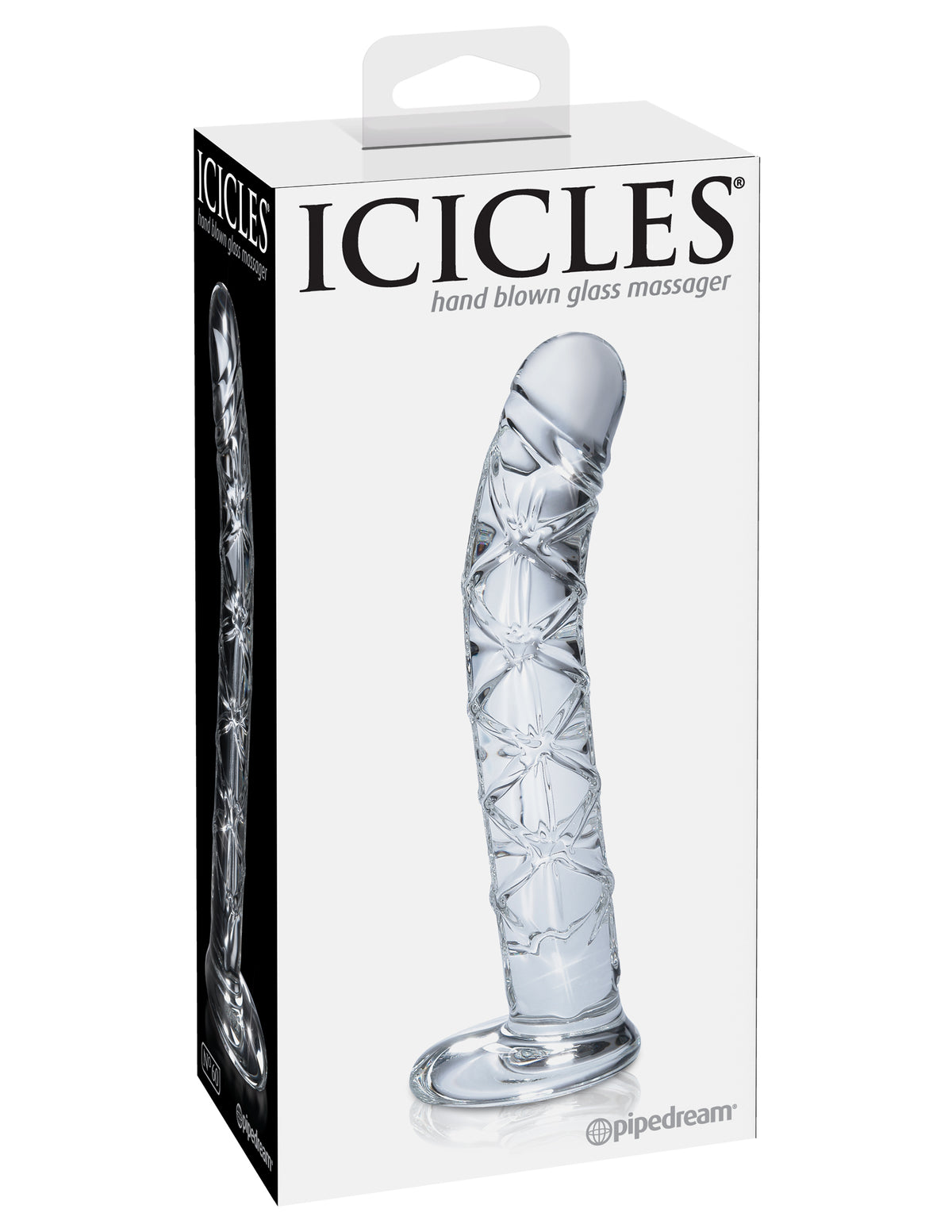 Consolador de vidrio curvo acanalado Pipedream Icicles n.° 5 de 18 cm, azul/transparente