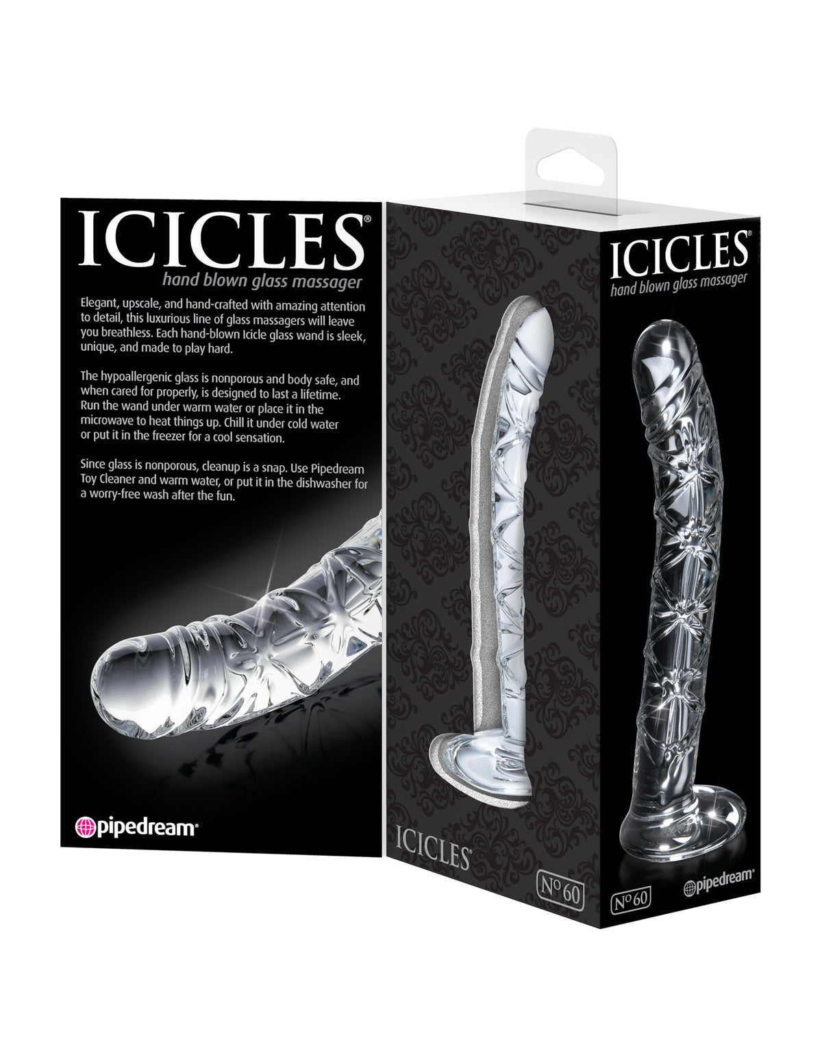 Consolador de vidrio curvo acanalado Pipedream Icicles n.° 5 de 18 cm, azul/transparente