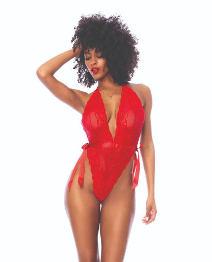 Lace Deep-V Halter Teddy w/Hook and Eye Crotch Closure - Red L/XL